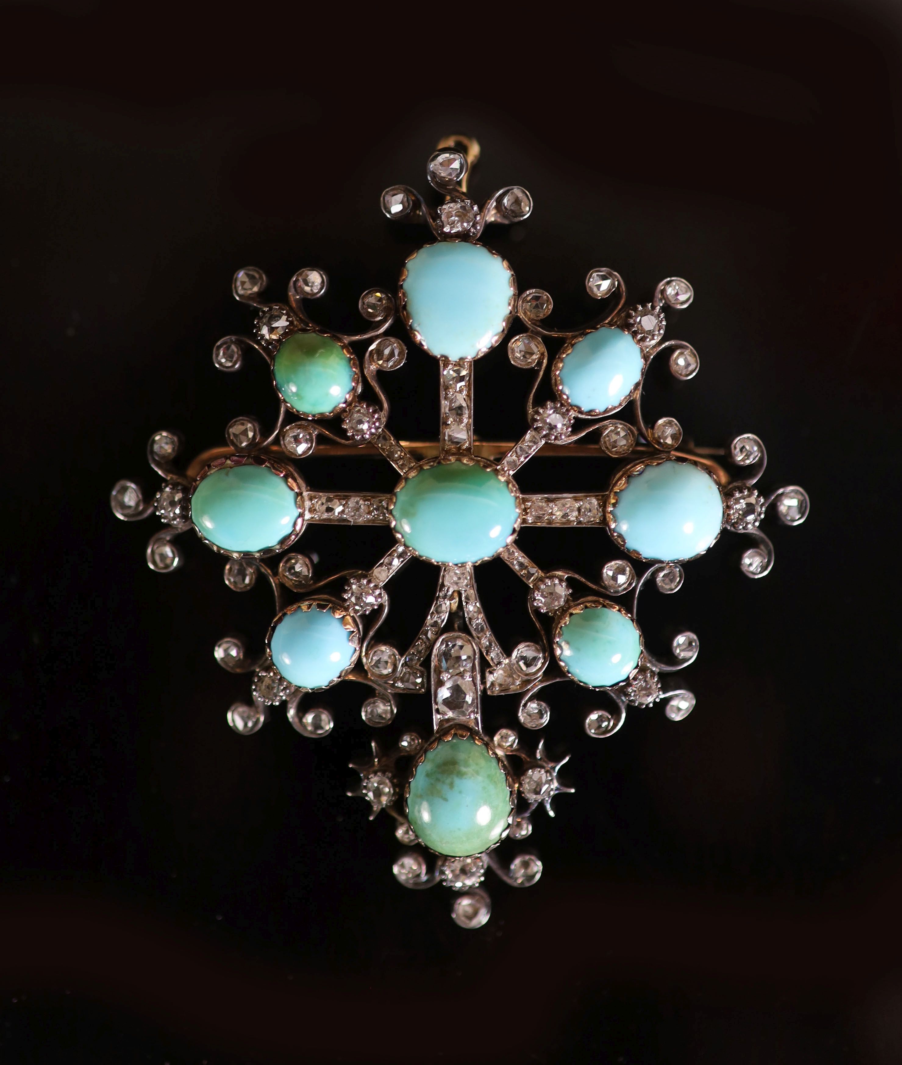 A Victorian gold, and silver, turquoise, old and rose cut diamond set pendant brooch,